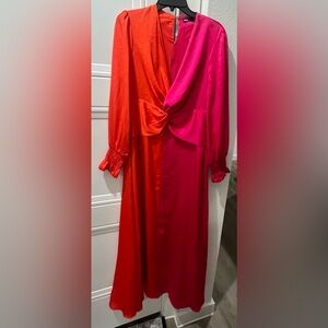 Vibrant Red and Pink Long-Sleeve Dress